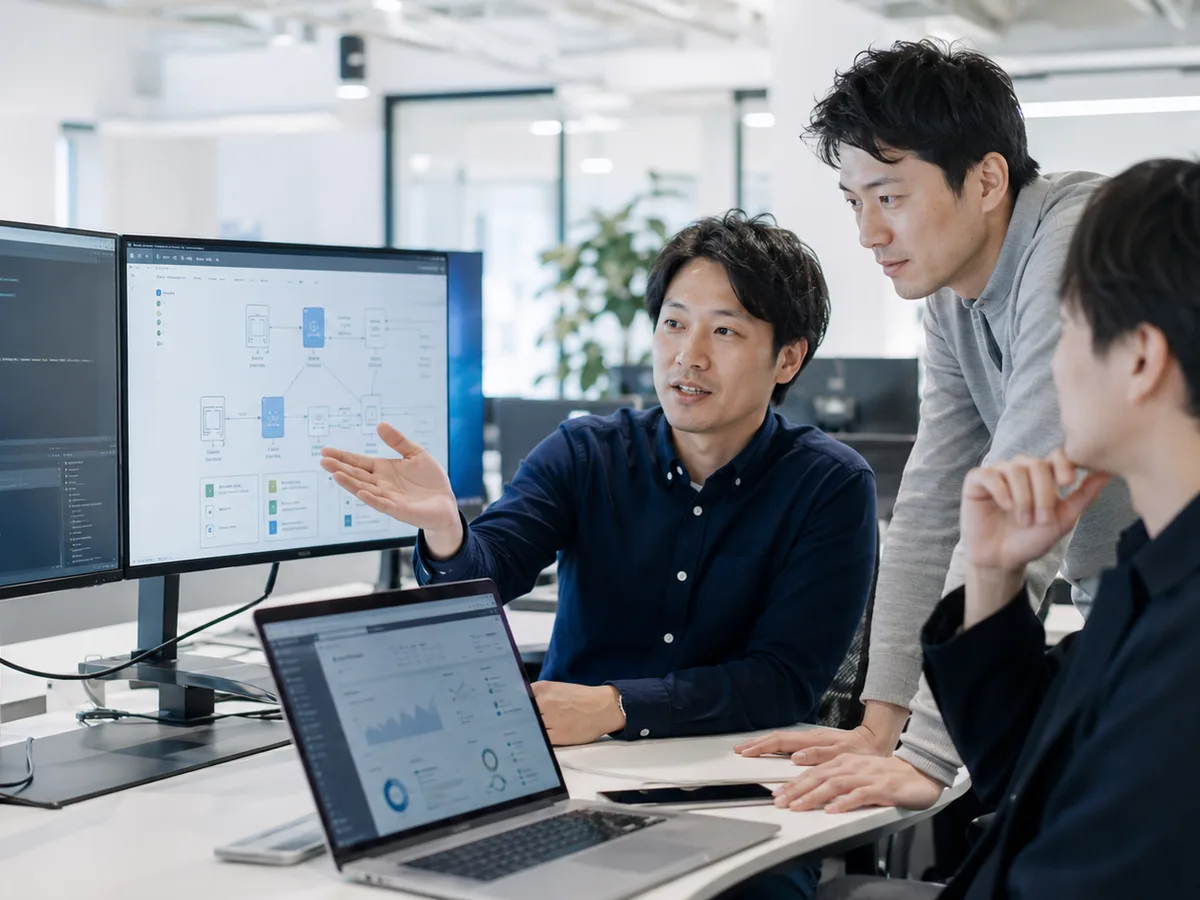 既存システムの構成とソースコードを確認する打ち合わせのイメージ